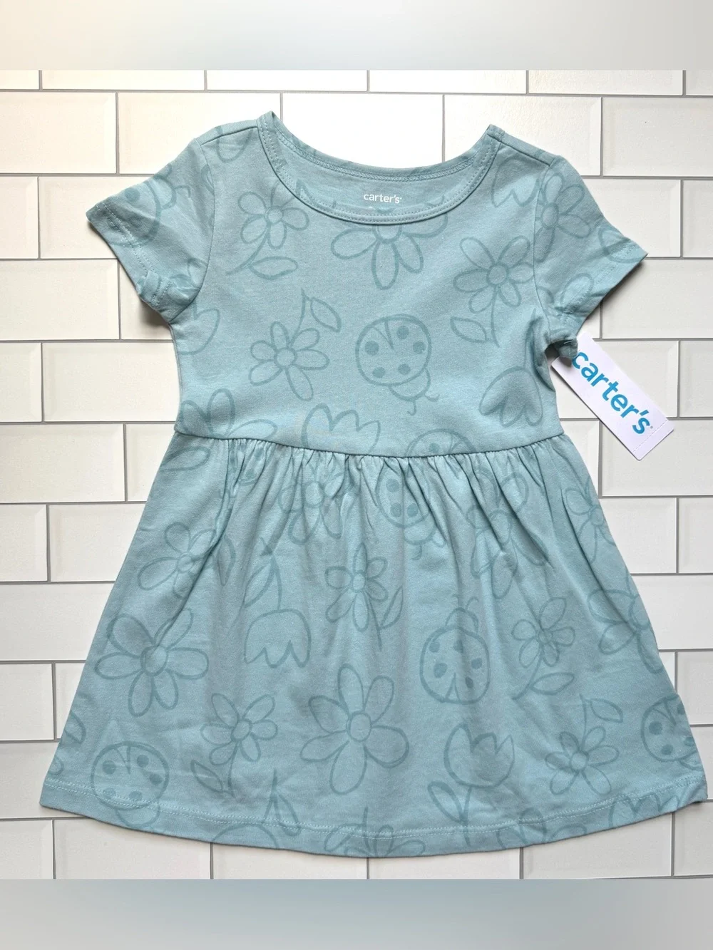2T🐞 NEW Carter's Ladybug Light Blue Floral Print Casual Short Sleeve Girls Dress